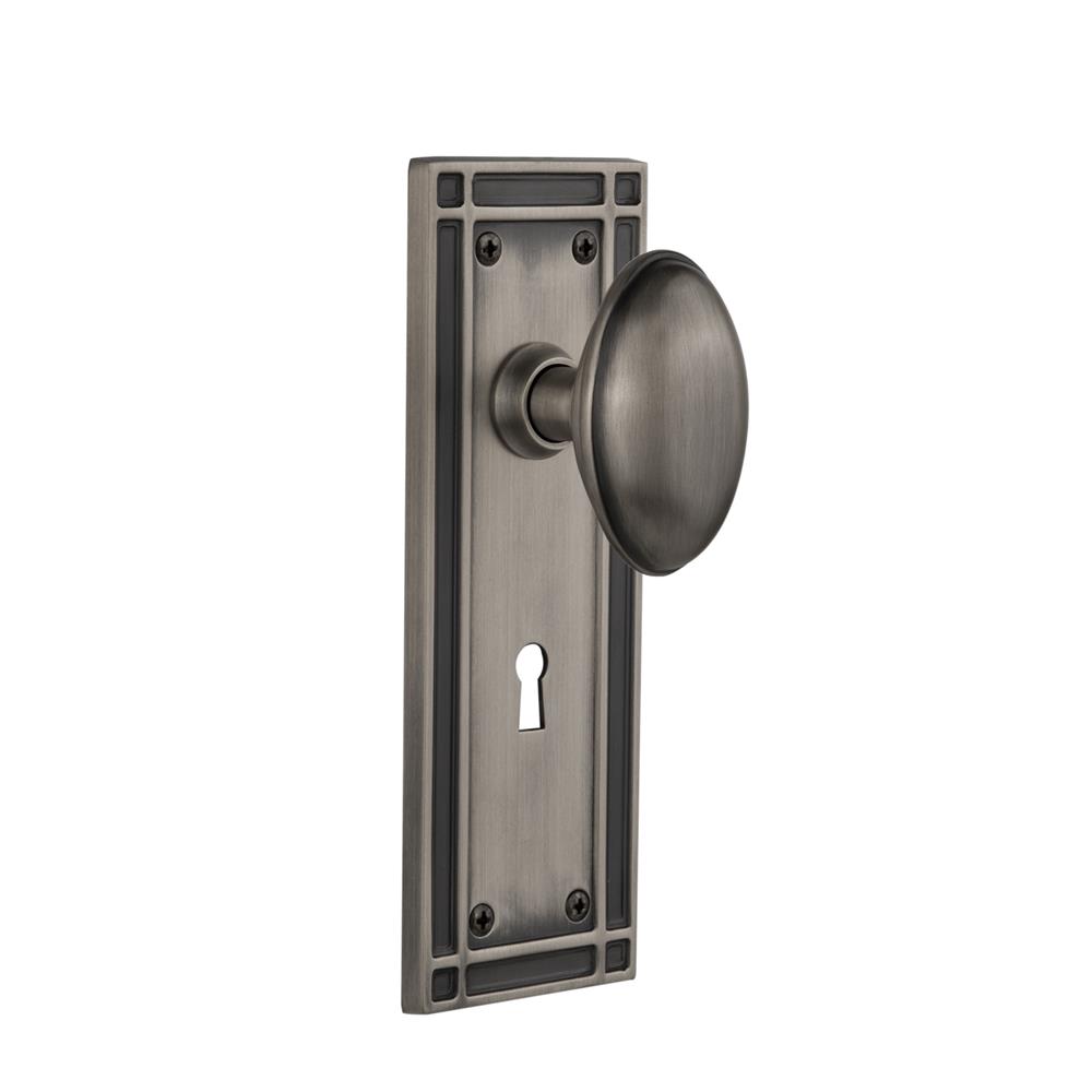 Nostalgic Warehouse MISHOM Privacy Knob Mission Plate with Homestead Knob and Keyhole in Antique Pewter